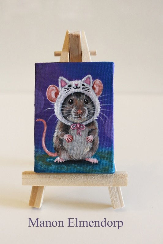 Uniek Handgeschilderd Schilderijtje Muisje Gesigneerd, Acrylverf, Ophalen of Verzenden, Dieren, Overige materialen