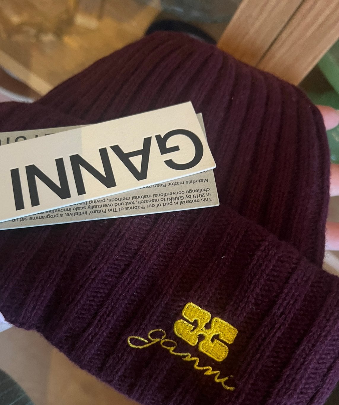 New- GANNİ Wool Knit Beanie in Burgundy, Verzenden, Zo goed als nieuw, Overige maten, Muts