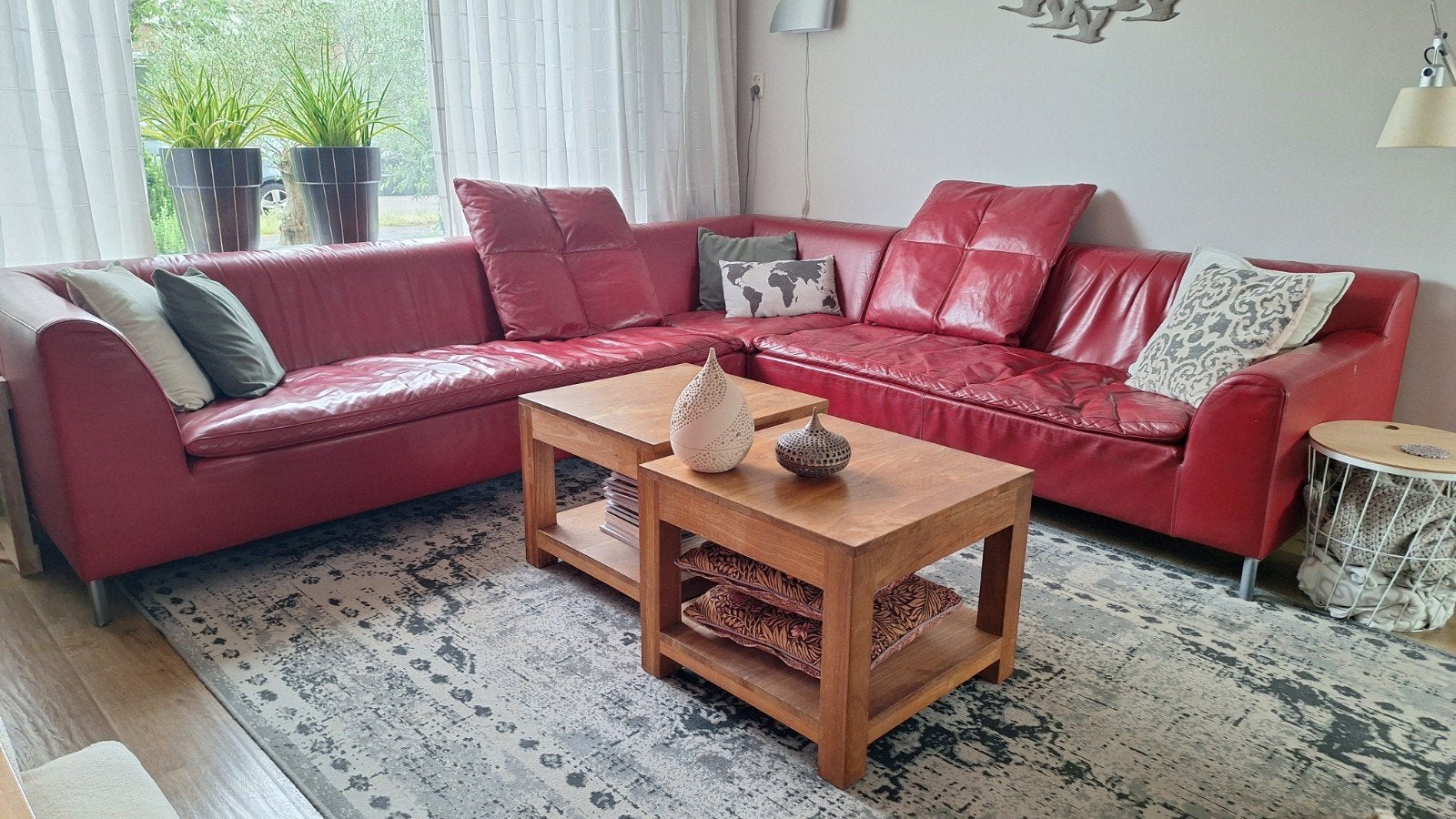 Machalke Hoekbank Portobello rood leer, Huis en Inrichting, Ophalen, 250 tot 300 cm, Gebruikt, Hoekbank