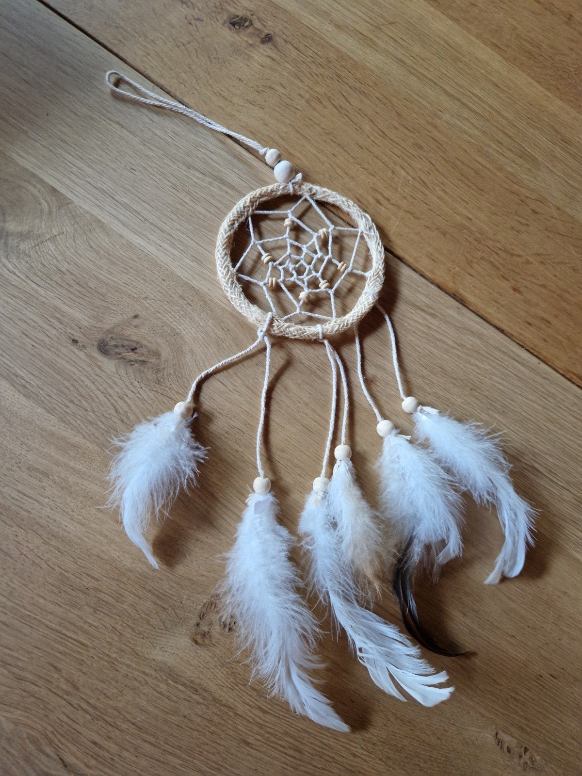 Handgemaakte Dromenvanger met Witte Veren, Boho, Ophalen of Verzenden, Zo goed als nieuw, Natuurlijk materiaal