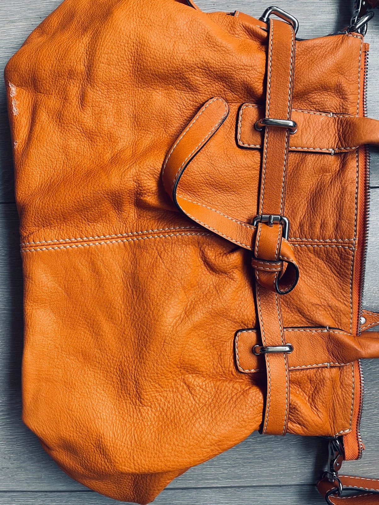 Te koop: grote leren tas, oranje,, Ophalen of Verzenden, Oranje