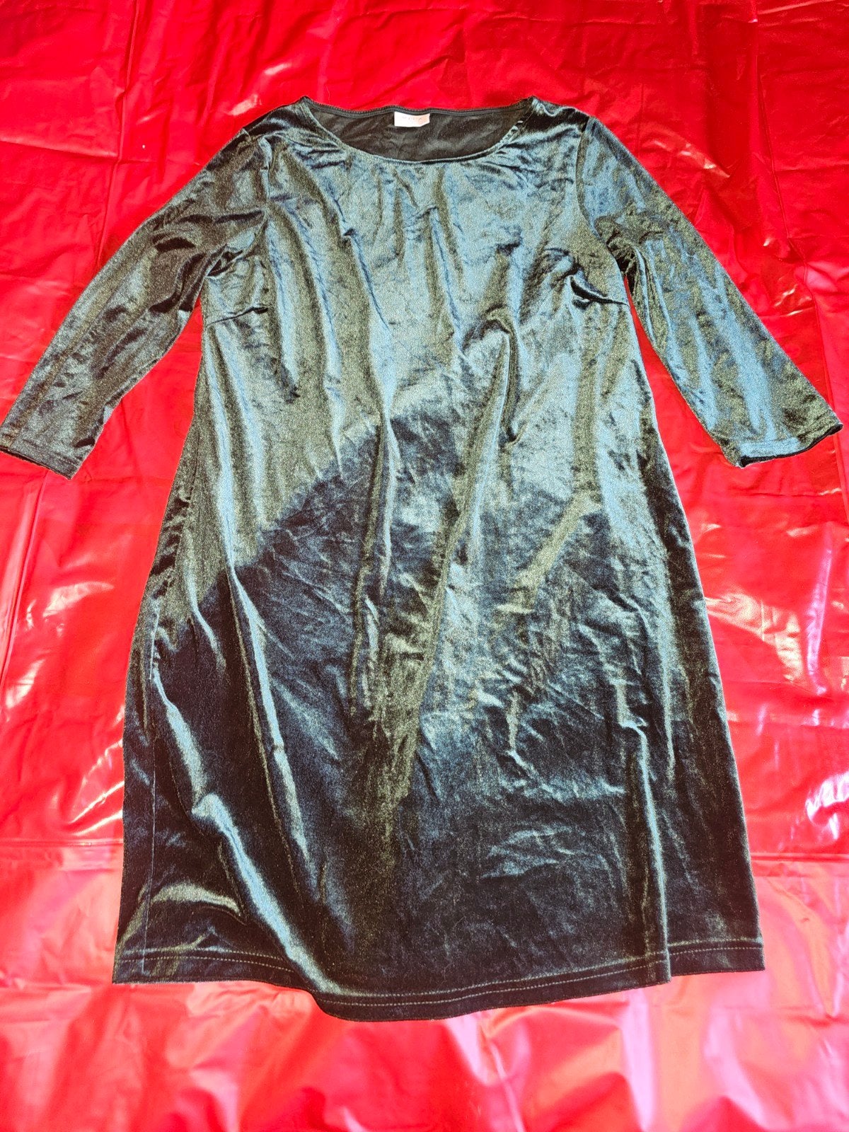 Donkergroene fluwelen jurk met lange mouwen, Verzenden, Maat 42/44 (L), Knielengte, Groen