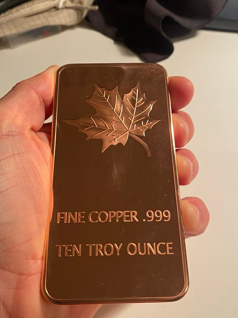 Koperen baar 10 Troy Ounce MAPLE LEAF - Fine Copper .999, Ophalen of Verzenden, Koper