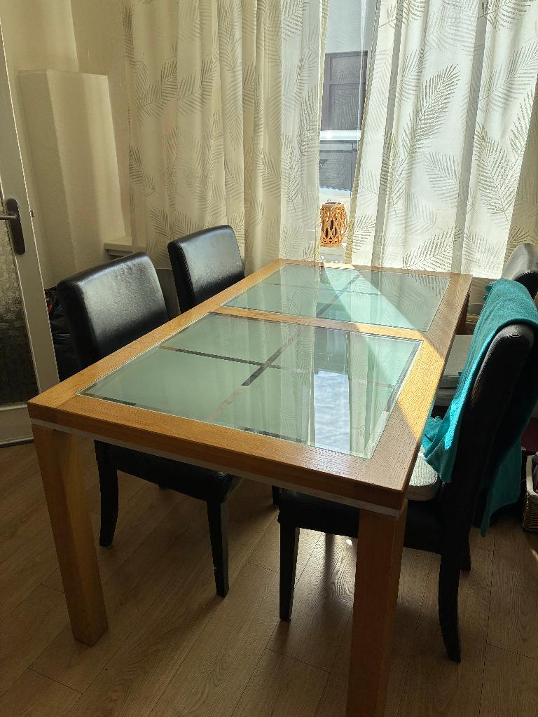 eettafel en 4 stoelen, Ophalen, Glas, Gebruikt, 50 tot 100 cm