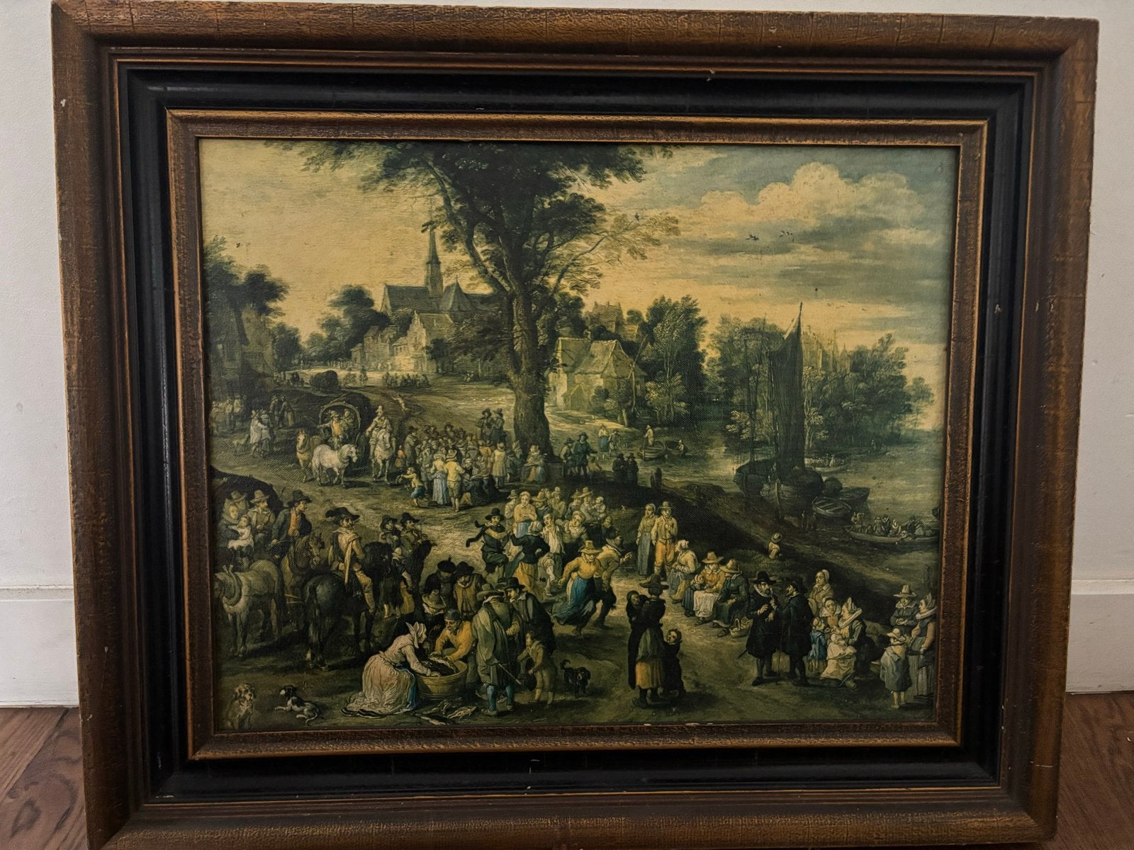 Klassiek schilderij dorpsgezicht met figuren en water, Doek, Ophalen of Verzenden, Olieverf, Klassiek