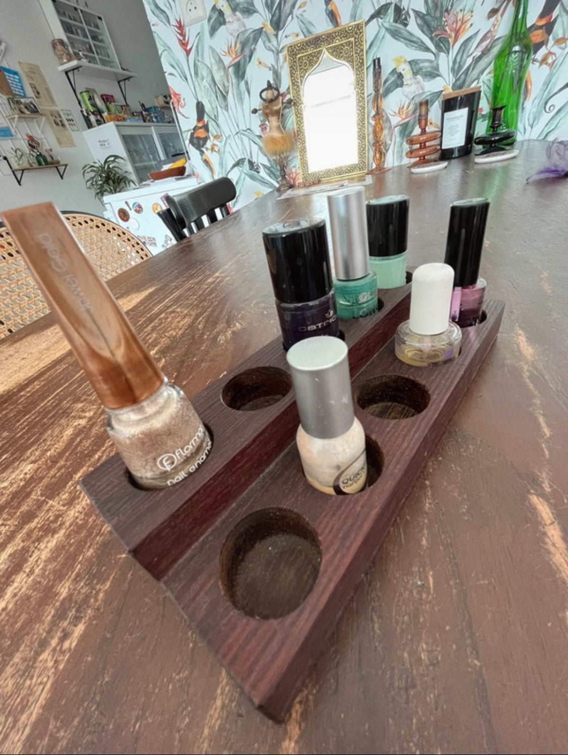Handgemaakt houten Nagellakhouder | Donkerhouten organizer, Huis en Inrichting, Ophalen of Verzenden, Zo goed als nieuw