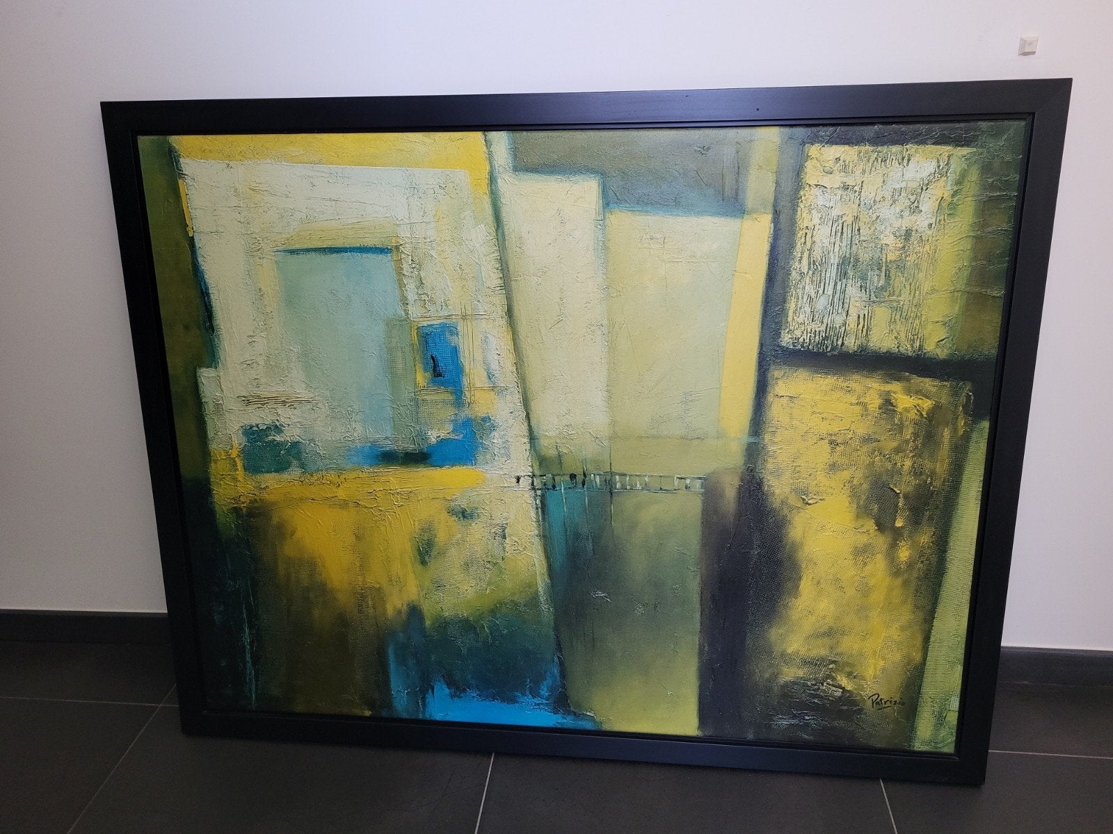 Abstract schilderij in geel, blauw en groen, Antiek en Kunst, Kunst | Schilderijen | Abstract, Ophalen