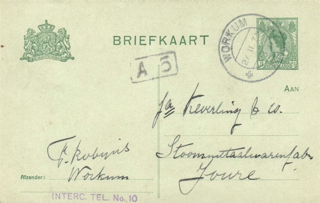F. Robijns, Workum - 02.1919 - briefkaart, Ophalen of Verzenden, Briefkaart