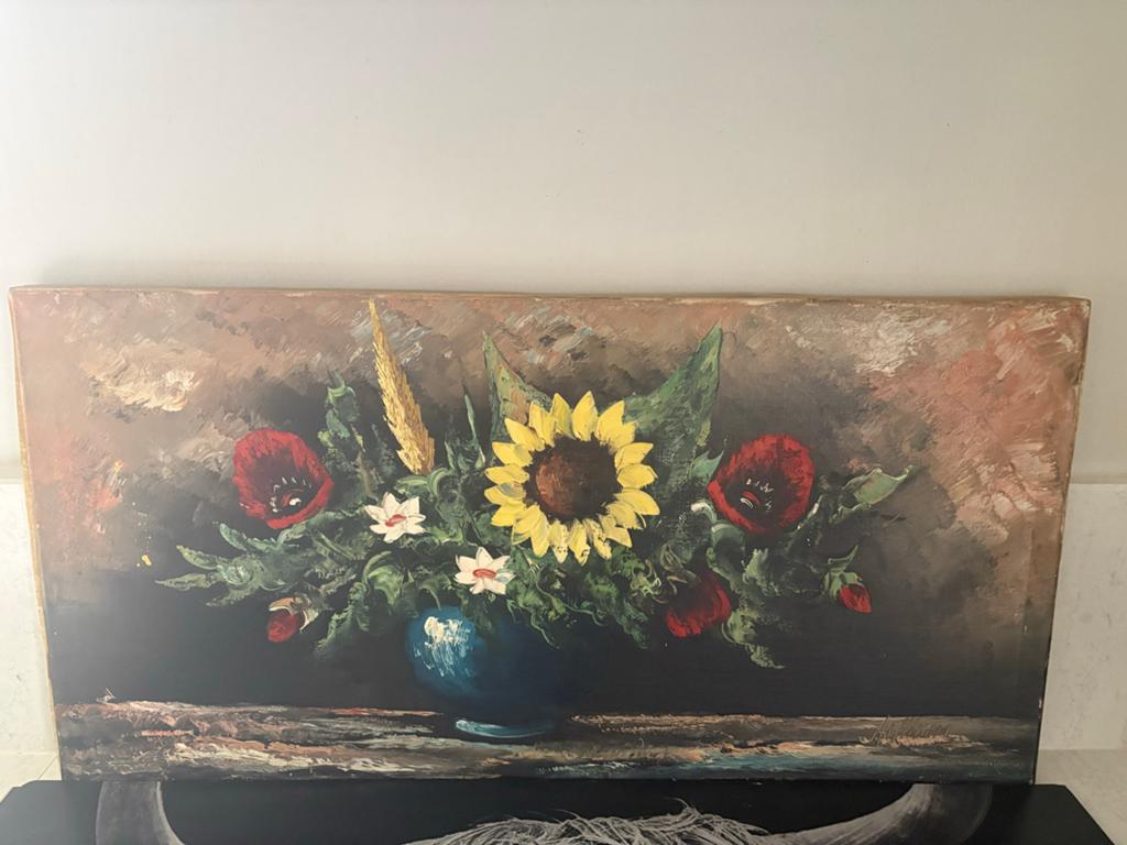 Schilderij met zonnebloem en klaprozen in vaas, Ophalen of Verzenden