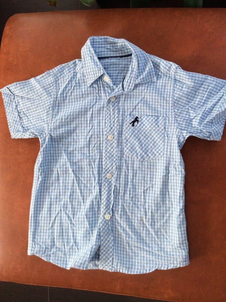 C&A blauw witte geblokte blouse maat 116 met tekst, C&A, Overhemd of Blouse, Ophalen of Verzenden, Zo goed als nieuw