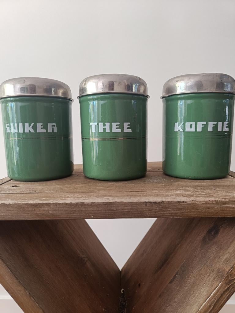 Vintage emaille voorraadpotten set - Suiker, Thee, Koffie, Ophalen