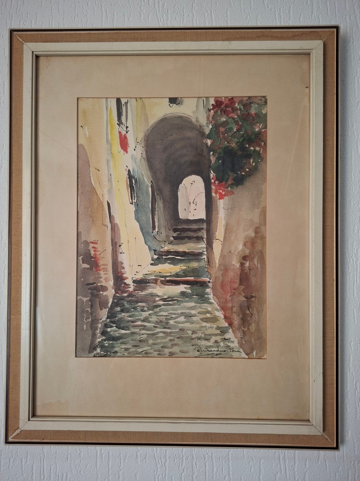 Schilderij: Steegje met bloemen - gesigneerd, Ophalen of Verzenden
