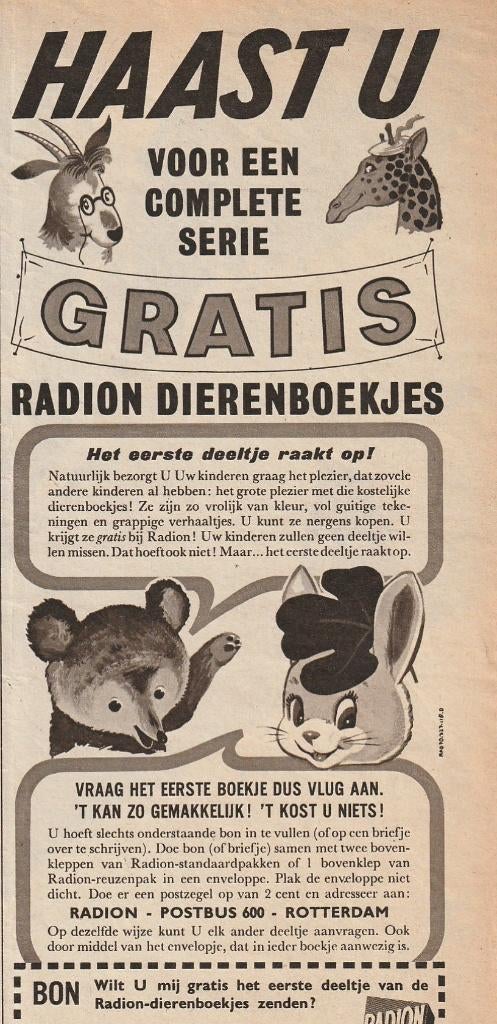 Retro reclame 1954 Radion wasmiddel dieren boekjes, Verzenden, Overige typen