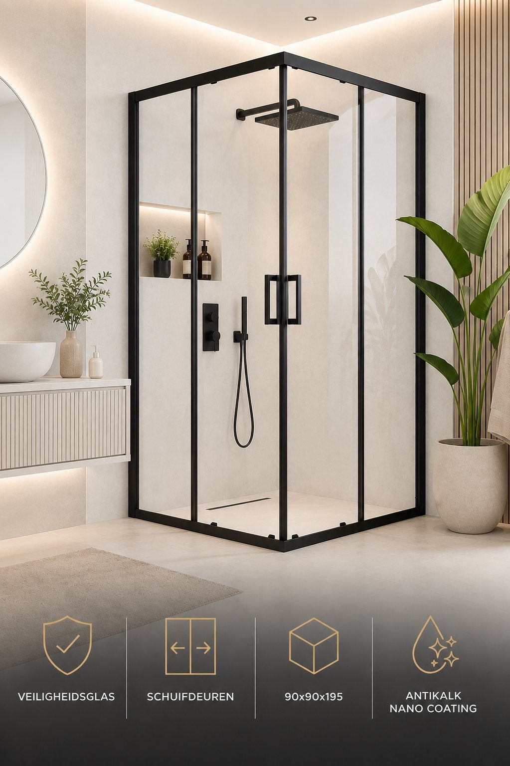 Douchecabine zwart 90x90 cm - Antikalk Nano Coating - Nieuw, Ophalen, Nieuw, Douche