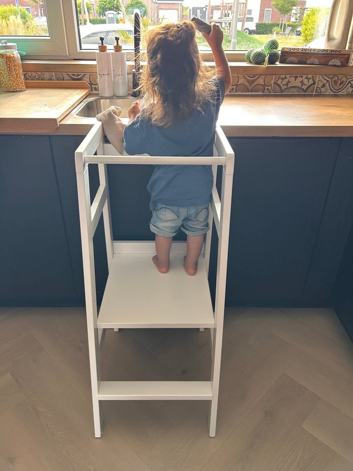 Witte houten leertoren – verstelbaar & stevig, Huis en Inrichting, Woonaccessoires | Zuilen en Pilaren, Ophalen, Zo goed als nieuw