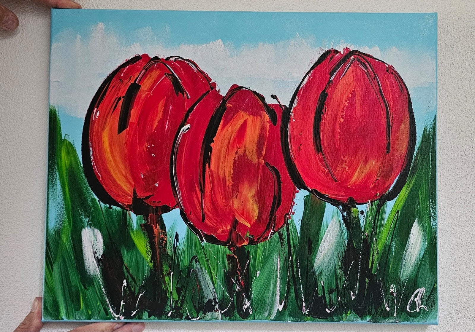 Levendig schilderij van rode tulpen op canvas, Ophalen