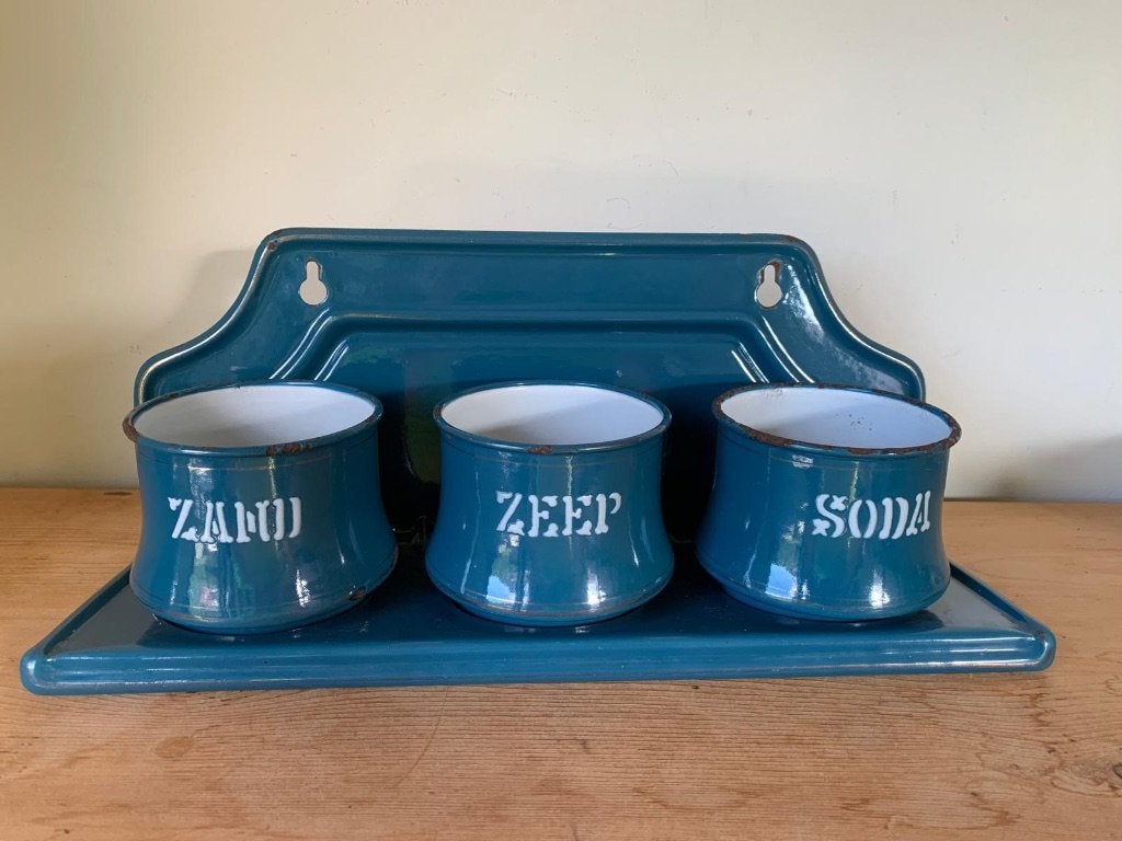 Petrolblauw emaille zand zeep soda rekje, Antiek en Kunst, Ophalen of Verzenden