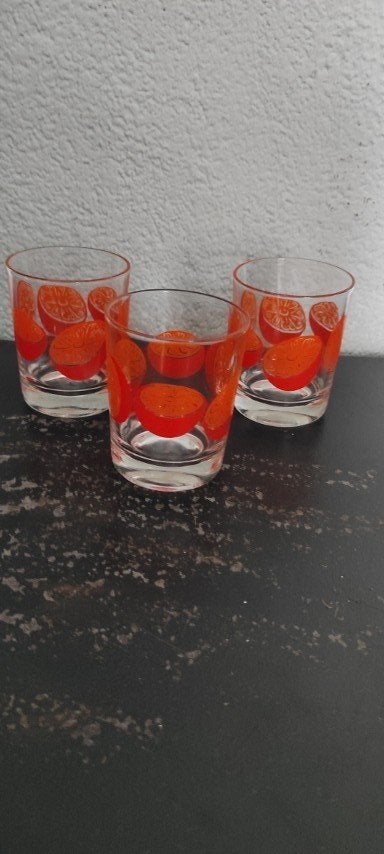 Vintage sapglazen sinaasappel 3x, Glas of Glazen, Overige merken, Ophalen of Verzenden, Overige stijlen