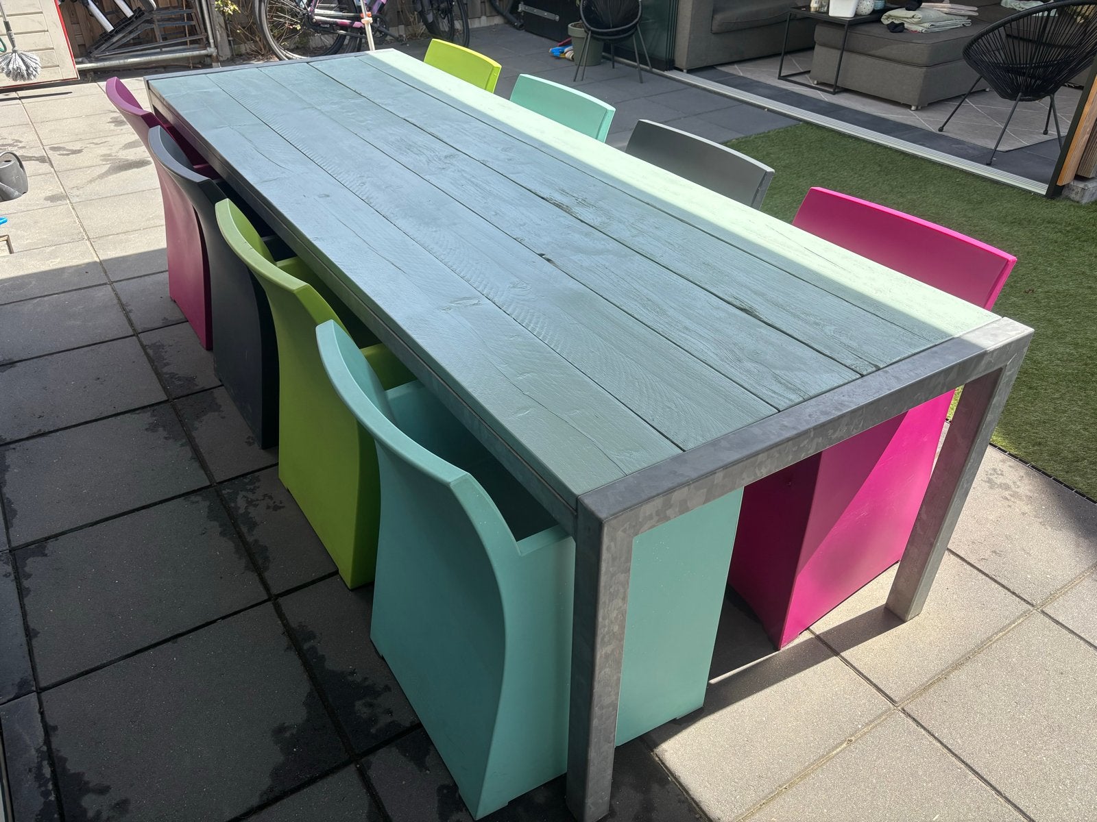 Tuintafel 8 pers. met 8 Haans stoelen (incl. kussens), Ophalen, Gebruikt, Eettafel, 8 zitplaatsen