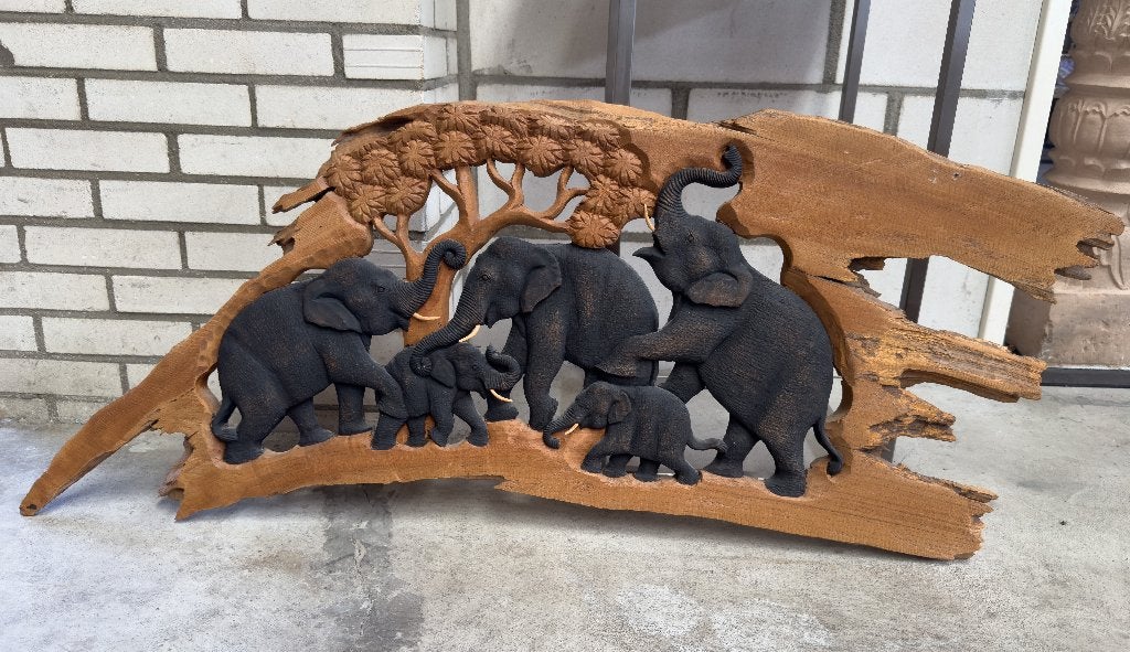 Handgemaakt Teakhouten Olifanten Ornament uit Indonesië, Antiek en Kunst, Kunst | Beelden en Houtsnijwerken, Houtsnijwerk, Hout