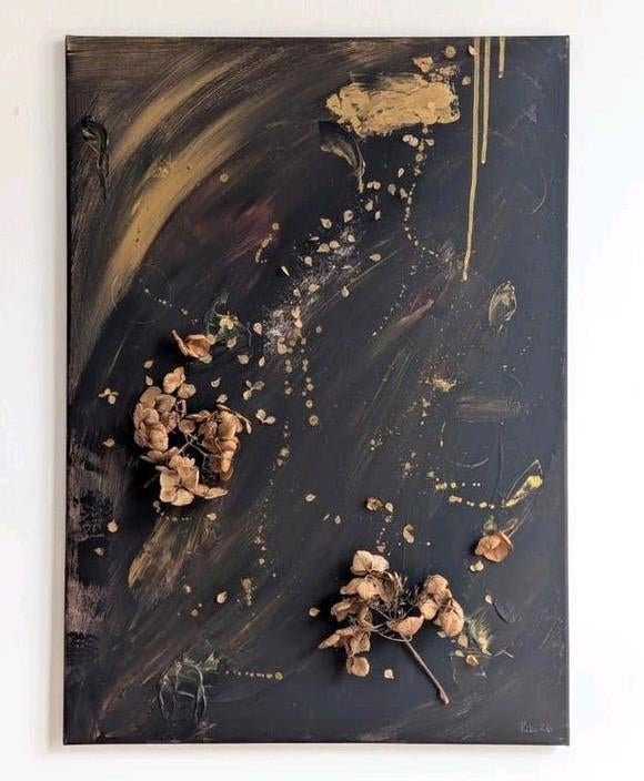 Abstract Kunstwerk met Gedroogde Bloemen en Goudaccenten, Ophalen