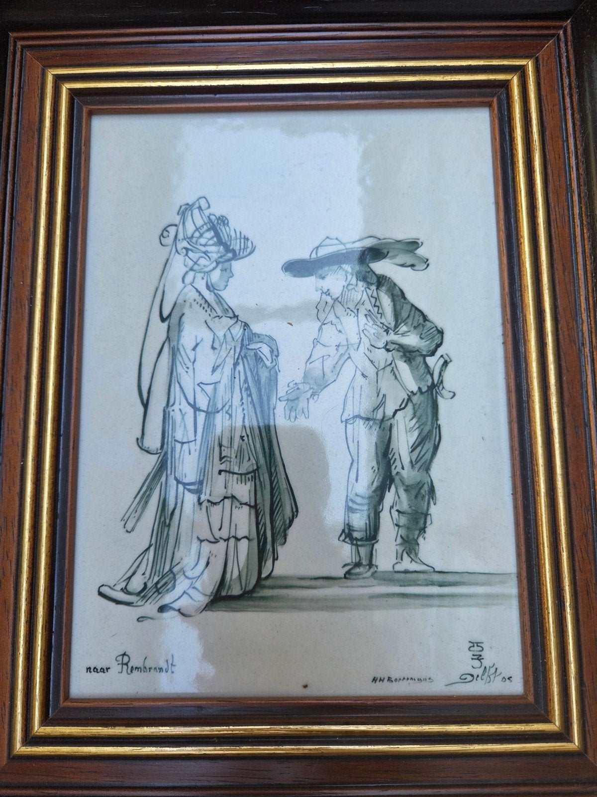 Ingelijste tekening naar Rembrandt - Oosters figuur en man, Antiek en Kunst, Ophalen of Verzenden, Tekening, Potloodtekening, Ingelijst