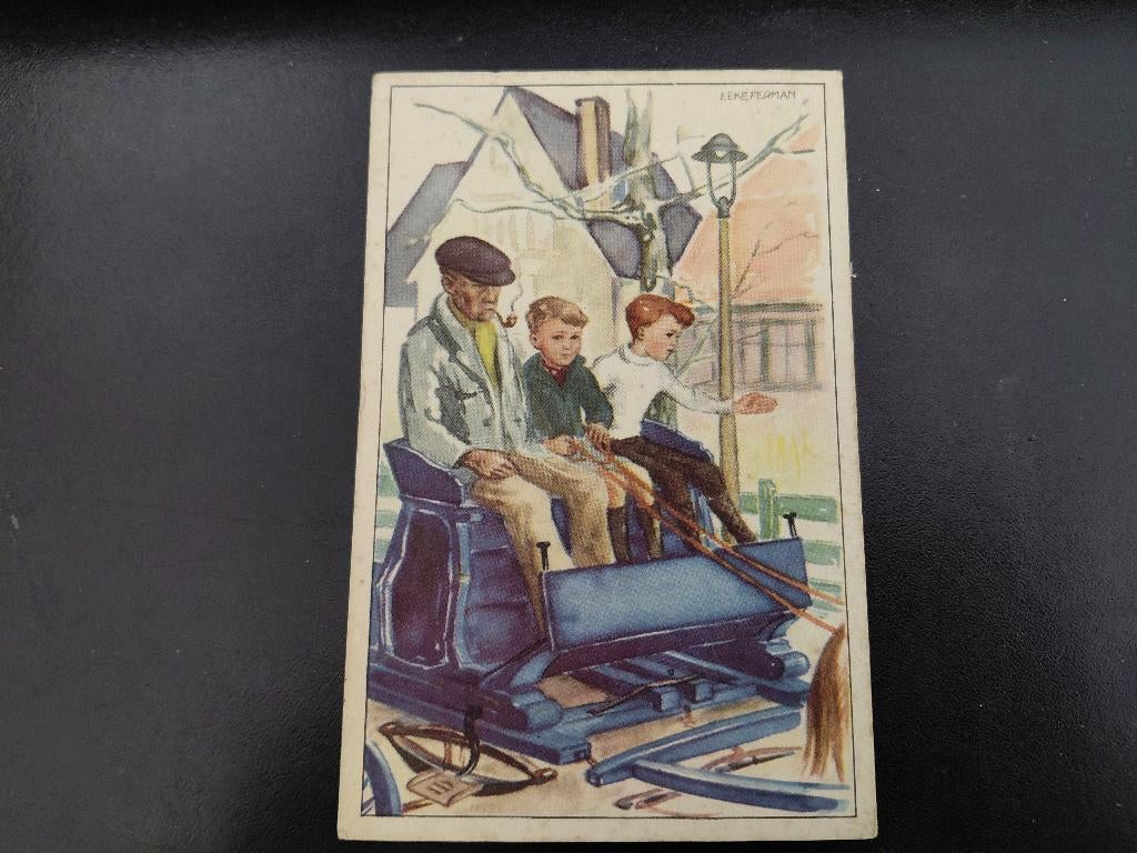 Eeke Ferman, man/pijp en kinderen op bok, gelopen, jaren'40., Verzamelen, Ansichtkaarten | Themakaarten, Gelopen, 1940 tot 1960