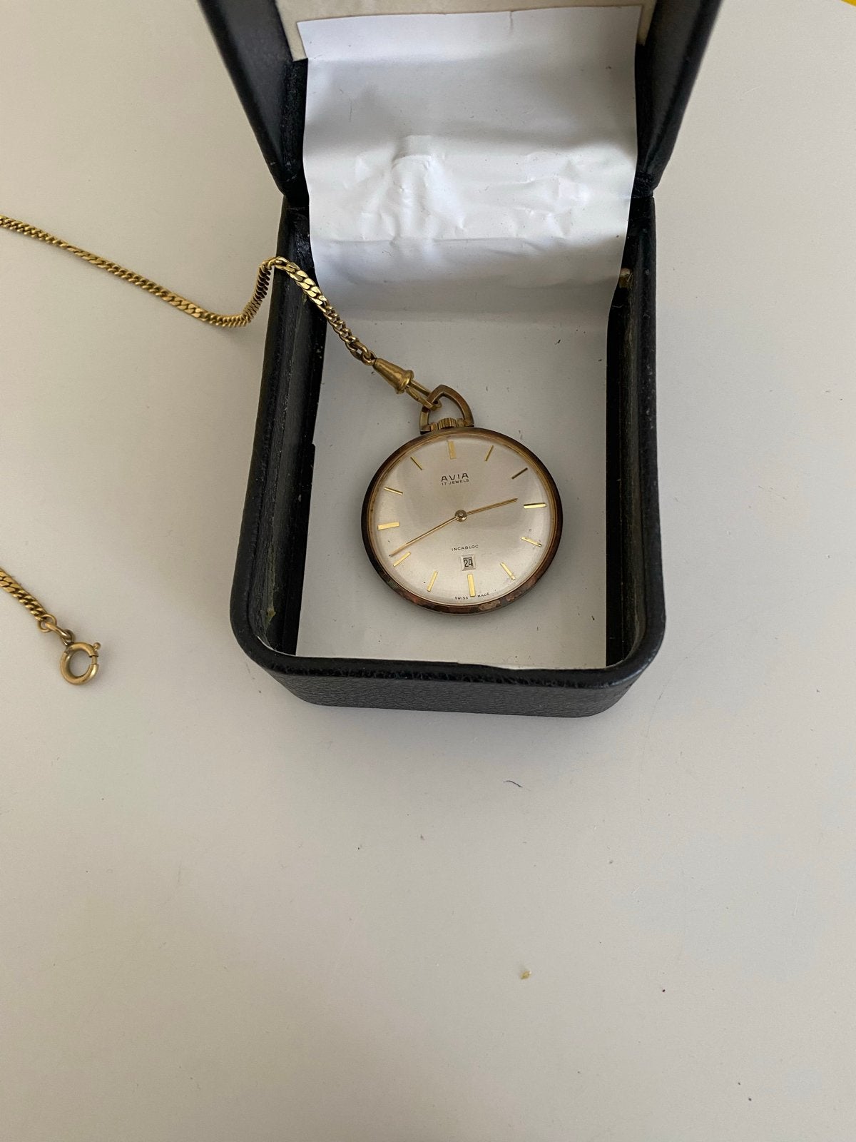 Vintage Avia Zakhorloge 17 Jewels met Ketting, Overige merken, Overige materialen, Zakhorloge, Met ketting