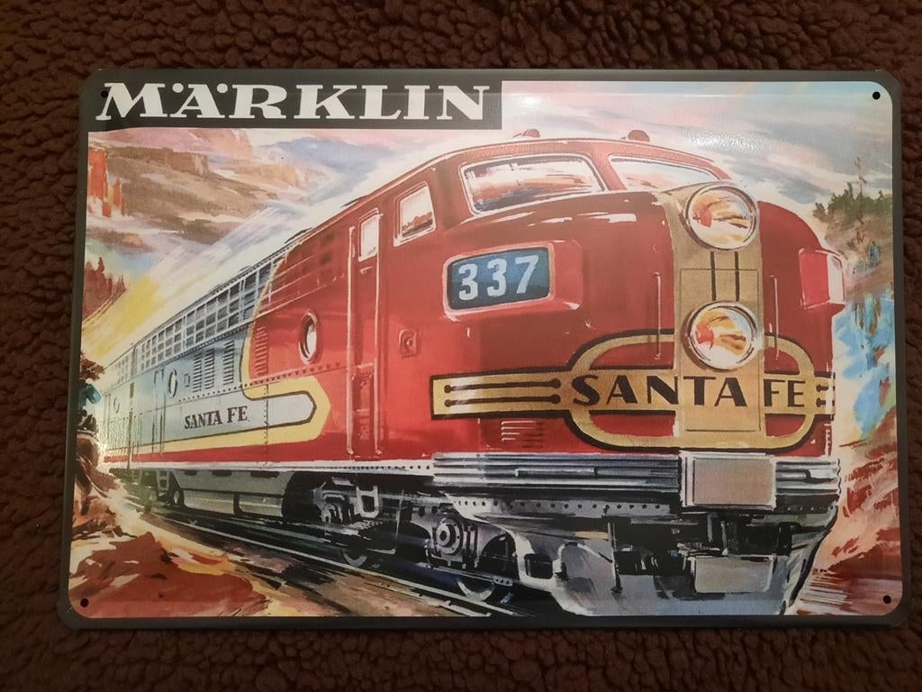 Gebold metalen wandbord Märklin Santa Fe, Verzamelen, Merken en Reclamevoorwerpen, Ophalen of Verzenden, Zo goed als nieuw, Reclamebord