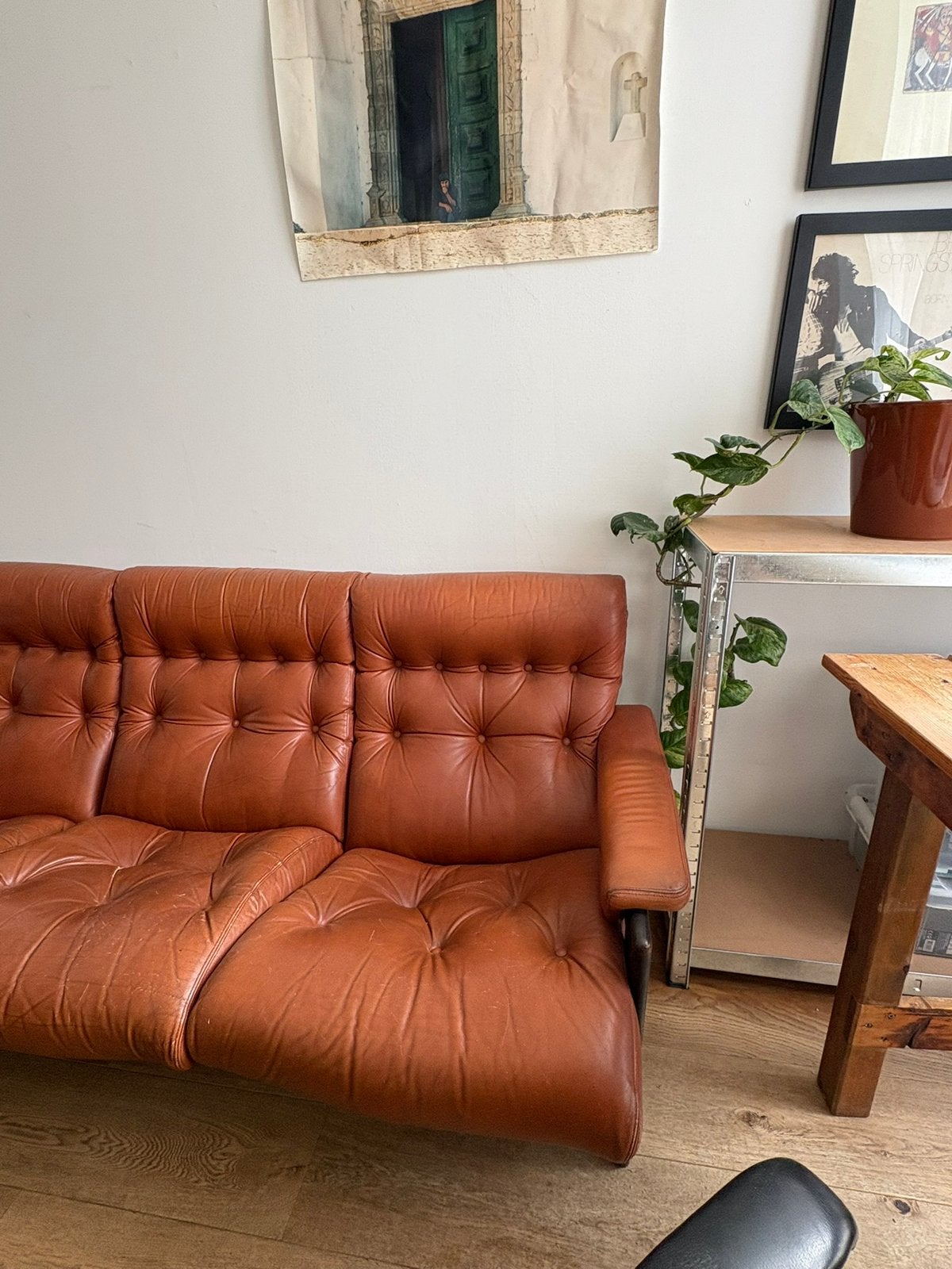 Mid century modern leren bankje (3p), Ophalen of Verzenden