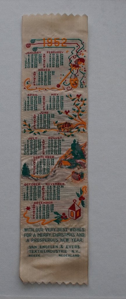 Geweven zijdjes jaarkalender 1952, van Engelen & Evers., Ophalen of Verzenden, Jaarkalender, Zo goed als nieuw