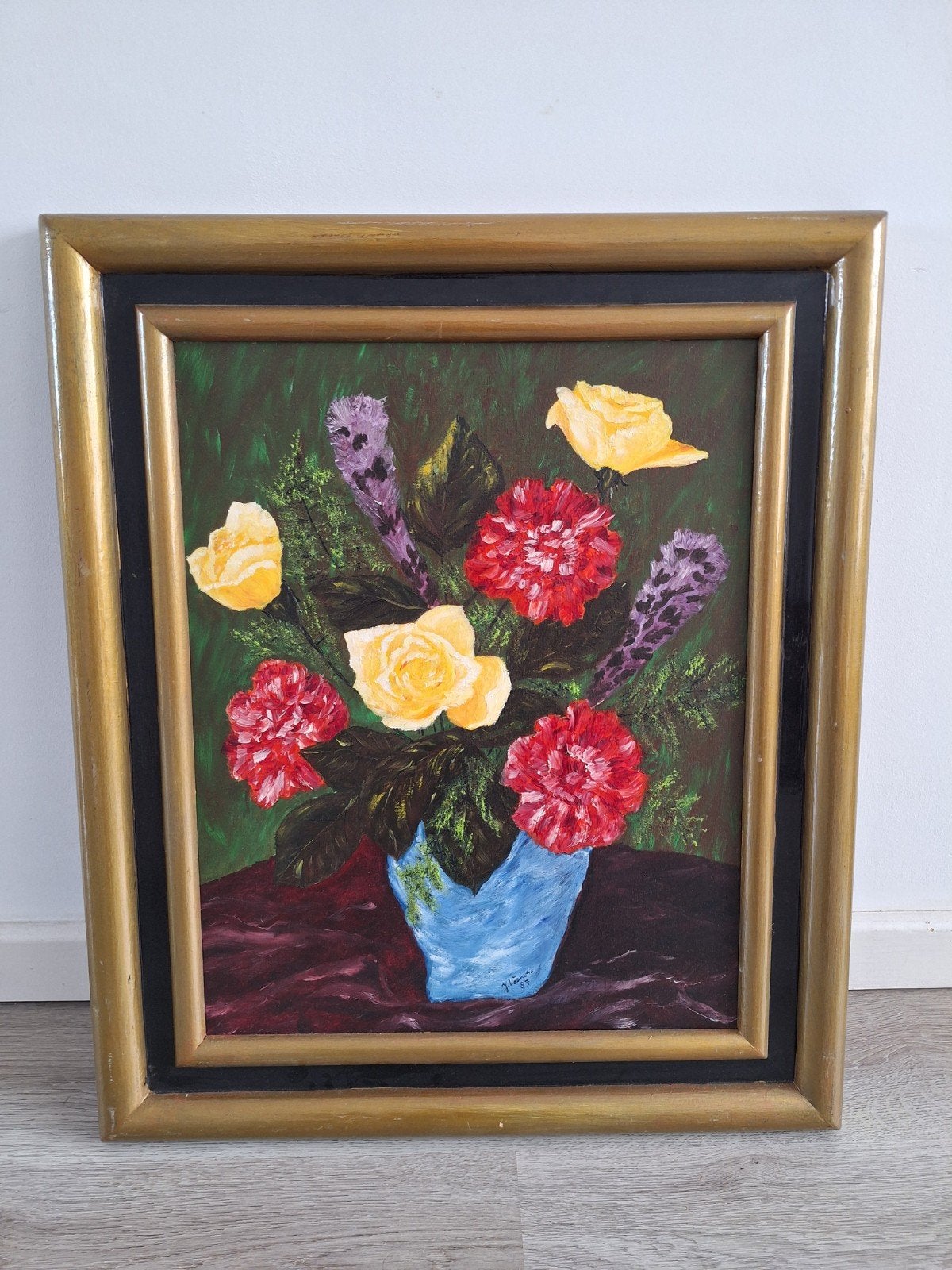 Bloemenstilleven in vaas - Olieverf op doek, Doek, Realistisch, Stilleven, Ophalen of Verzenden