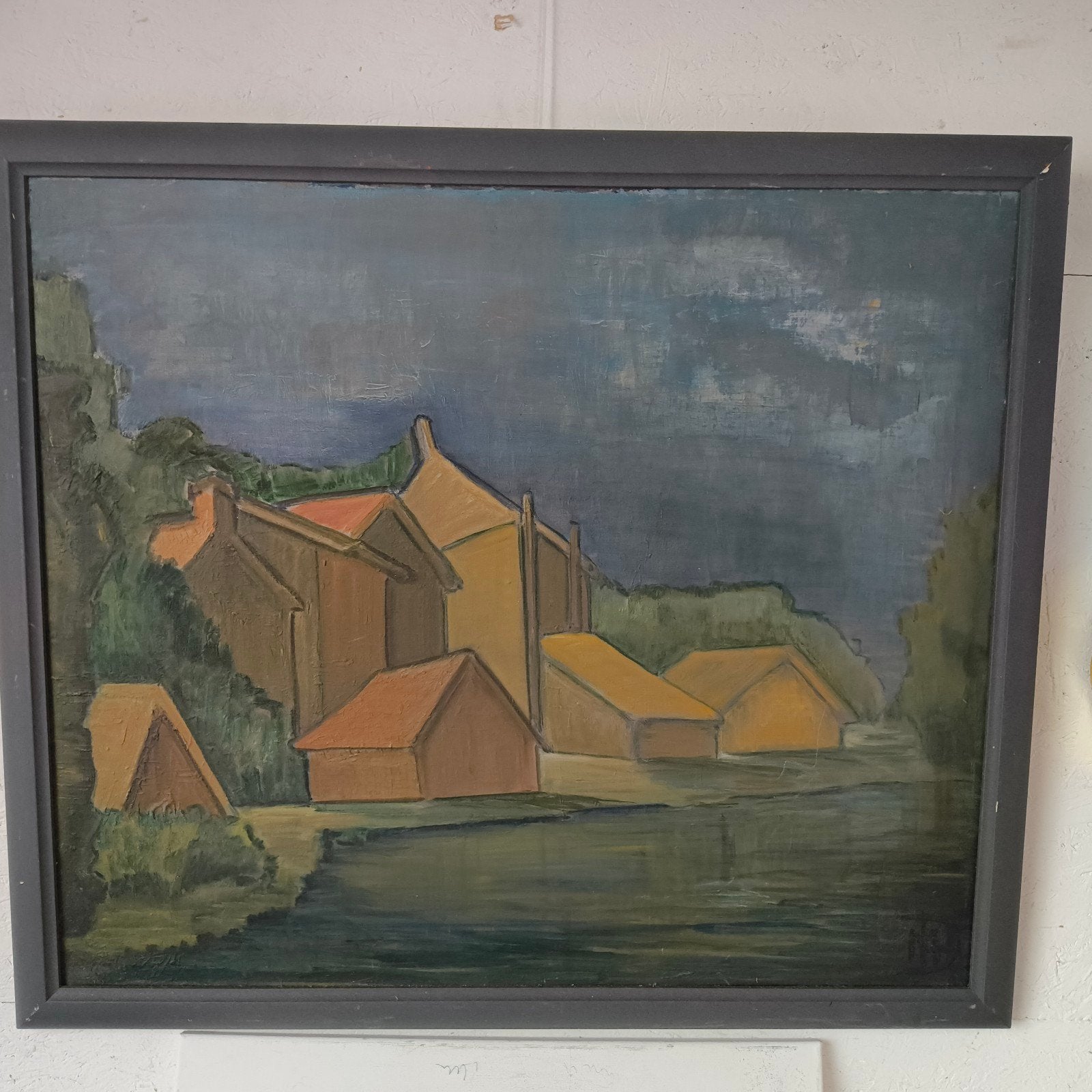 Oud expressionistisch/kubistisch olieverf huizen monogram, Antiek en Kunst, Kunst | Schilderijen | Modern, Ophalen of Verzenden