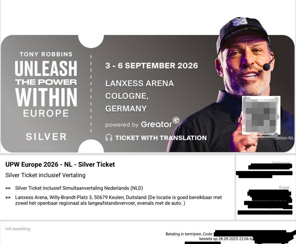 Tony Robbins UPW Europe 2026 – Silver Ticket –Keulen 3-6 sep, Tickets en Kaartjes, Eén persoon, September