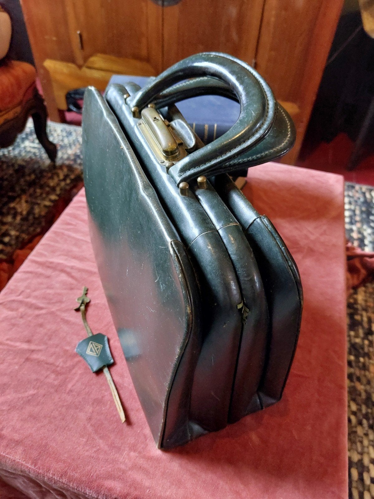 Antieke Leren Aktetas / Koffer - Donkergroen, Antiek en Kunst, Ophalen of Verzenden