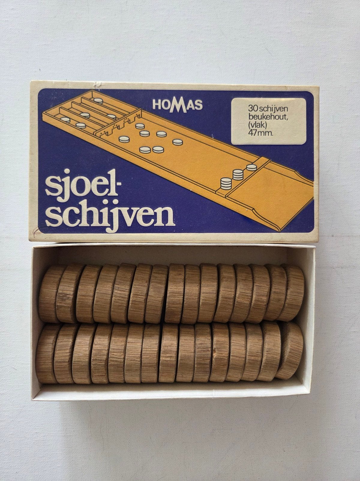 Homas Sjoelschijven - 30 beukenhouten schijven (47mm), Een of twee spelers, Ophalen of Verzenden, Gebruikt, Homas