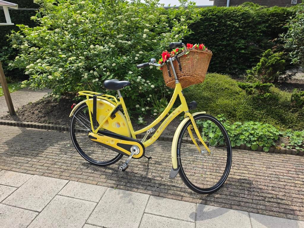 Opvallende Gele Sparta Damesfiets met Mand, Ophalen, Terugtraprem, Sparta, 53 tot 56 cm