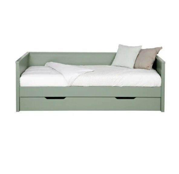 WOOOD Nikki bedbank grenen jadegroen 90x200 (incl. lade), Ophalen, Gebruikt, 90 cm, Eenpersoons