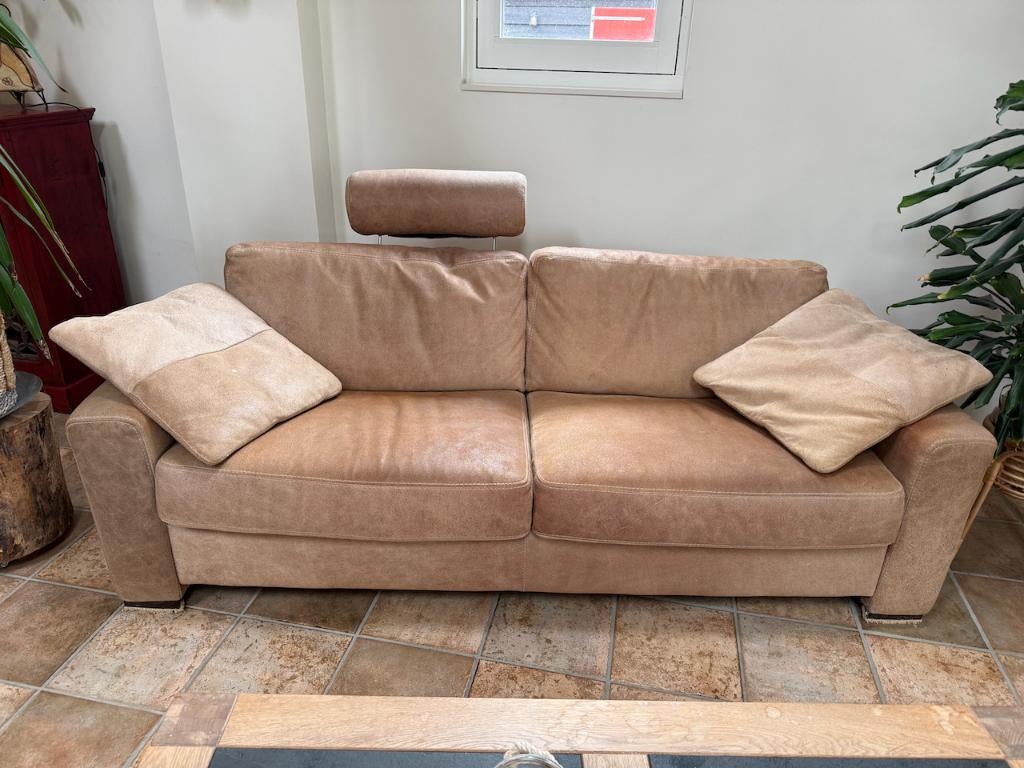 Ruime bank pilotenleer (nubuck), Ophalen, Gebruikt, Driepersoons, 75 tot 100 cm
