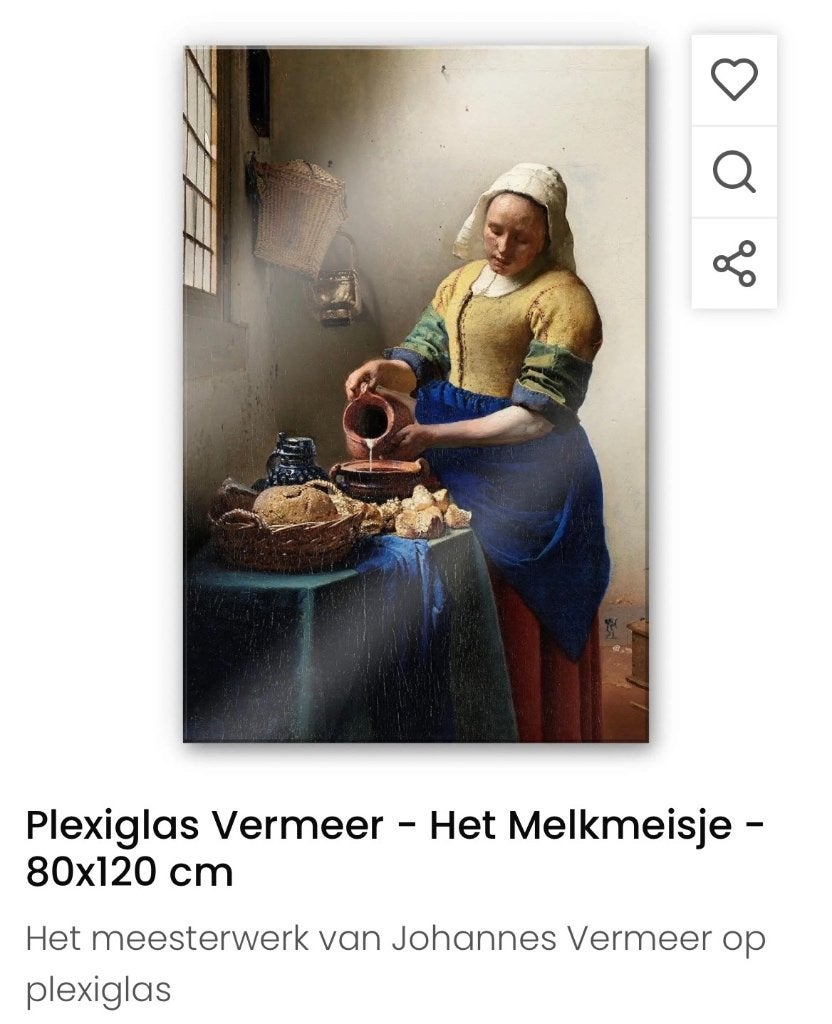 Plexiglas melkmeisje Vermeer 120 x 80 cm, Huis en Inrichting, Woonaccessoires | Schilderijen, Tekeningen en Foto's, Ophalen, Zo goed als nieuw