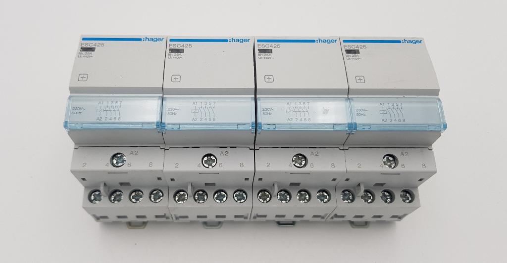 Hager Magneetschakelaar / Relais ESC425 Ith 25A 440V (4x), Gebruikt, Onbekend, Ophalen of Verzenden, Onbekend