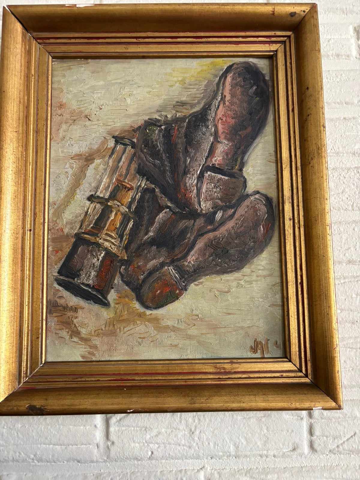 Mijnwerkerslamp met schoenen, Realistisch, Overige ondergronden, Stilleven, Ophalen of Verzenden
