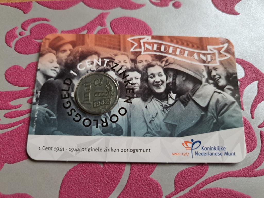 Coincard 75 jaar Bevrijding met 1 zinken cent 1942, Ophalen of Verzenden, Koningin Wilhelmina, 1 cent