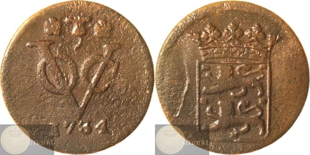 V.O.C. - West-Friesland - Duit 1734 - Arabische 1, Ophalen of Verzenden, Vóór koninkrijk, Overige waardes, Losse munt