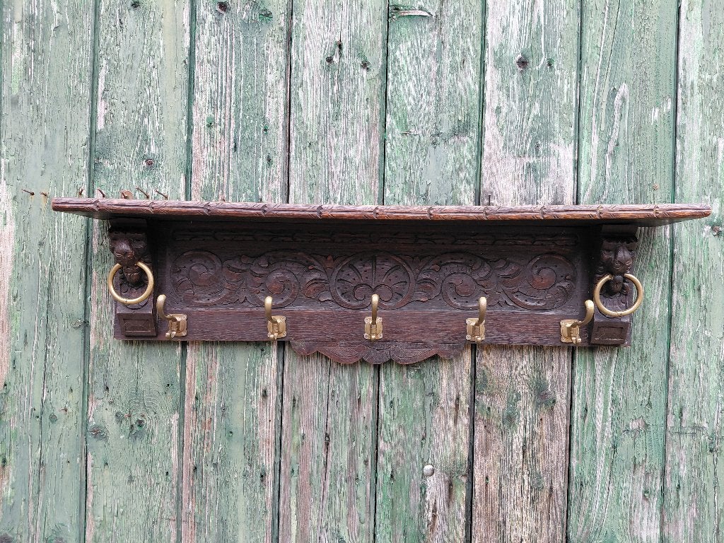 Antieke Mechelse kapstok, leeuwenkoppen, eikenbladeren., Ophalen of Verzenden