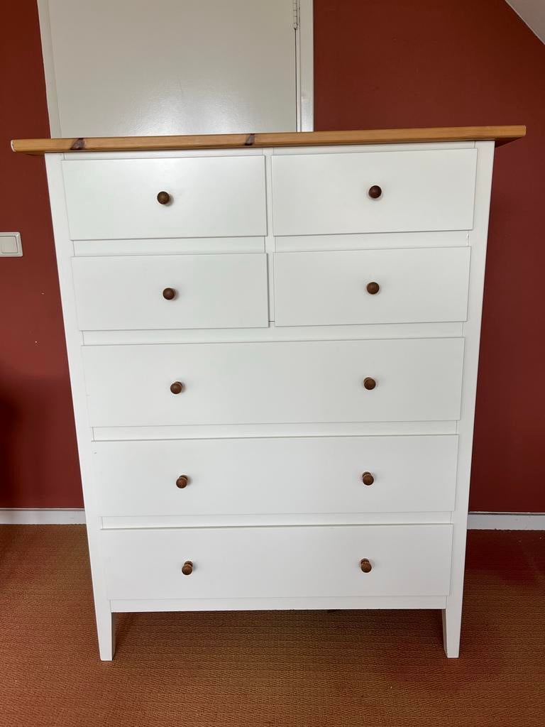 IKEA HEMNES ladekast wit met eiken blad, 7 lades, Ophalen, 5 laden of meer, 100 tot 150 cm, 50 tot 100 cm
