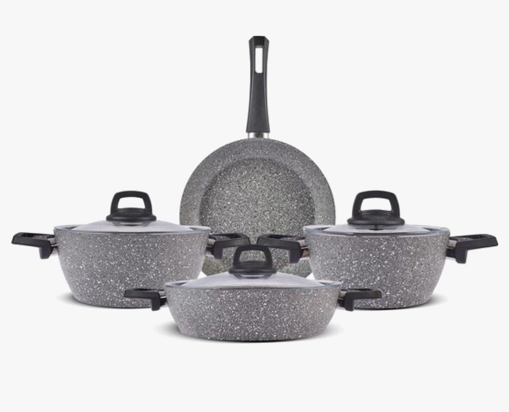 Graniet 7 delige pannenset met glazen deksels, Ophalen, Nieuw, Rvs, Pannenset