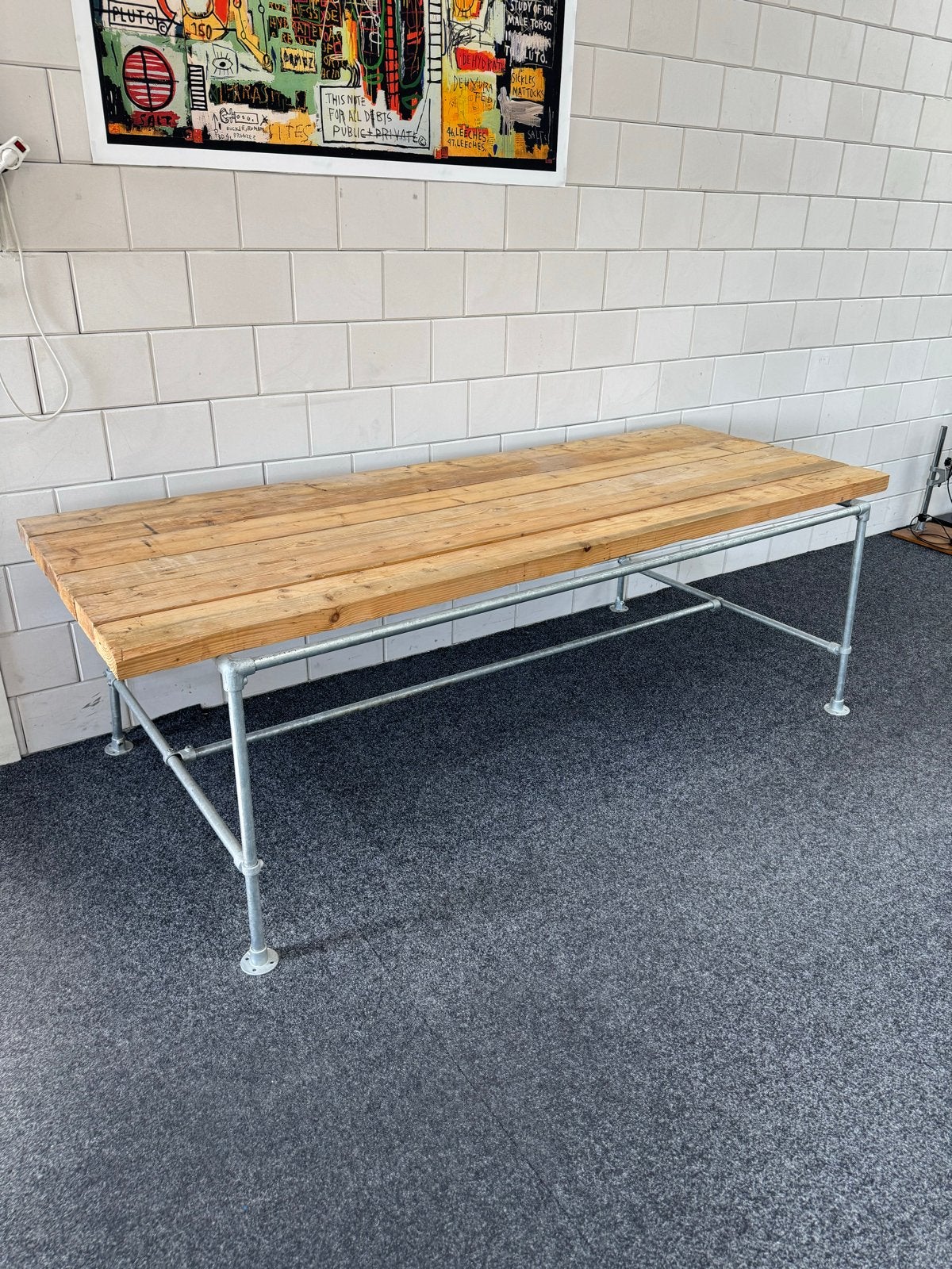 Tafel met steigerbuis onderstel en houten planken, Ophalen, Gebruikt, 50 tot 100 cm, 150 tot 200 cm