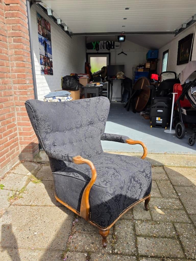 Vintage Fauteuil met Donkergrijs Paisley Motief, Ophalen, Gebruikt, Stof, 75 tot 100 cm