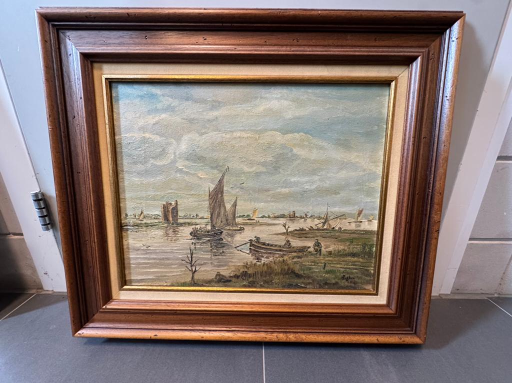Schilderij waterlandschap inclusief lijst te koop, Antiek en Kunst, Kunst | Schilderijen | Klassiek, Ophalen of Verzenden